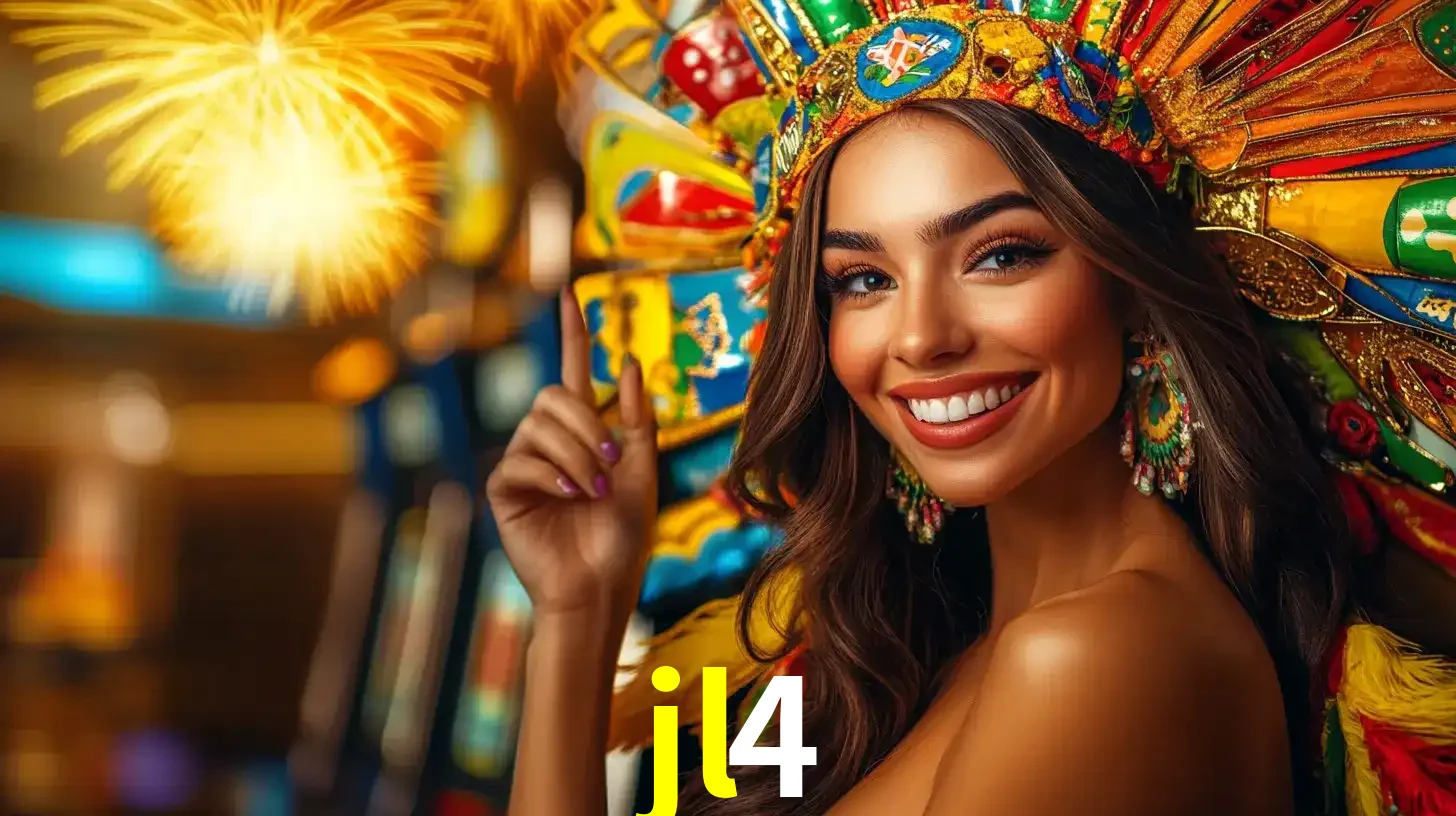 Mulher sorridente com um cocar de carnaval vibrante e colorido, celebrando uma grande vitória nos jogos do cassino jl4 com fogos de artifício ao fundo.