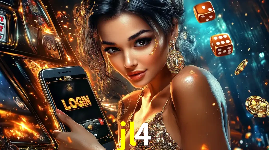 Mulher glamourosa segurando um celular com a tela de login do cassino jl4, rodeada por dados e moedas douradas, pronta para começar a diversão.