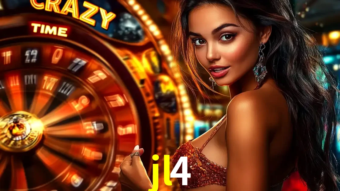 Mulher ao lado da roda de prêmios do jogo de cassino ao vivo Crazy Time, um dos shows de jogos mais emocionantes oferecidos pela plataforma de apostas jl4.