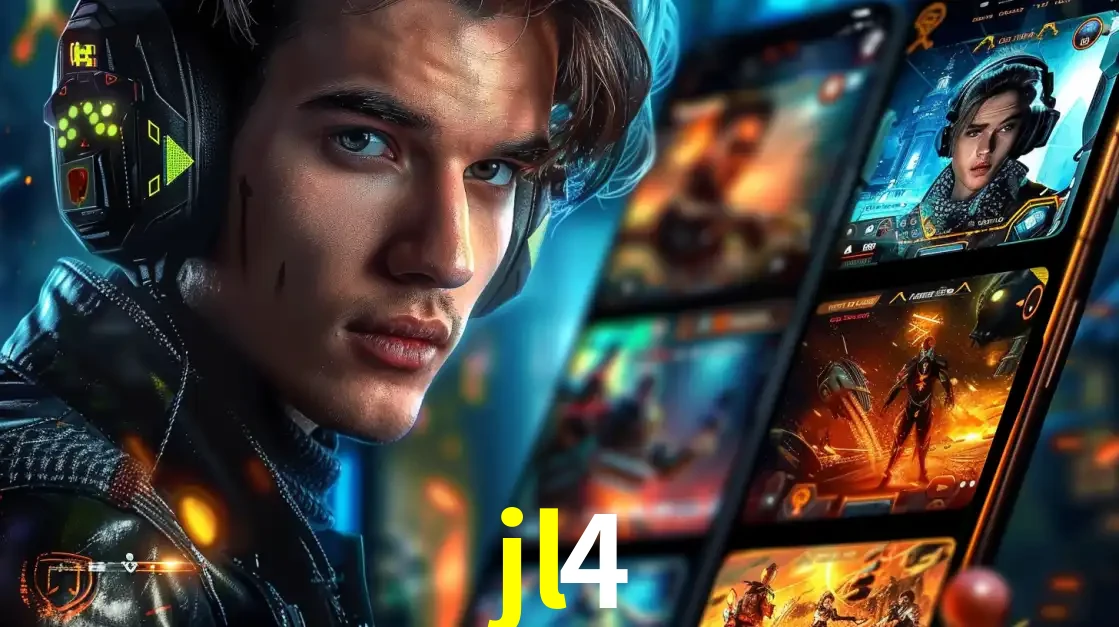 Jovem jogador com fones de ouvido olhando para a câmera, com um aplicativo de jogos e e-sports para celular ao fundo, pronto para a competição e apostas no jl4.