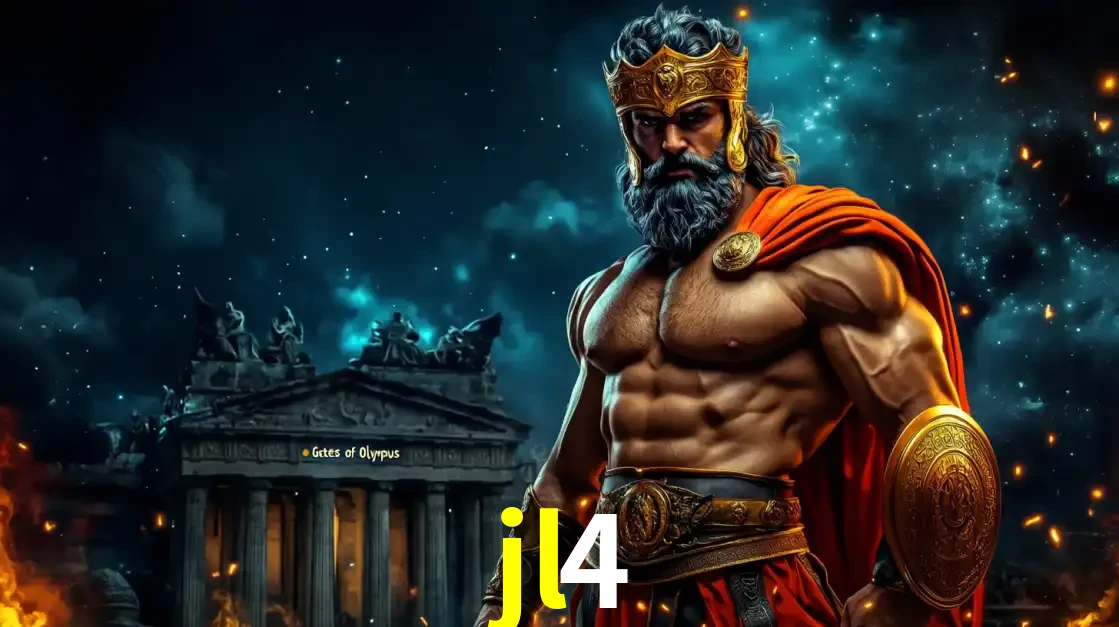 O poderoso Zeus do jogo de slot Gates of Olympus em frente ao seu templo, pronto para lançar multiplicadores divinos e prêmios épicos no cassino online jl4.