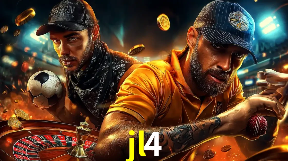 Montagem de apostas esportivas e cassino no jl4, com um homem segurando uma bola de futebol e outro uma de beisebol sobre uma roleta e moedas voadoras.