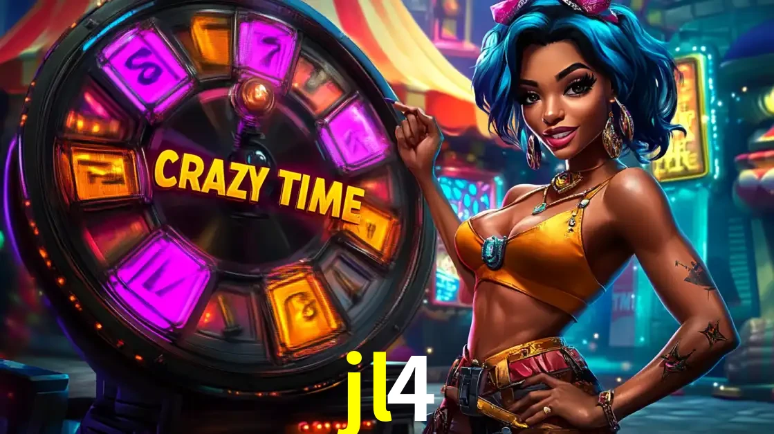 Mulher estilizada com cabelo azul e visual vibrante posando ao lado da roda de prêmios do game show Crazy Time, convidando para a diversão e os bônus do cassino jl4.