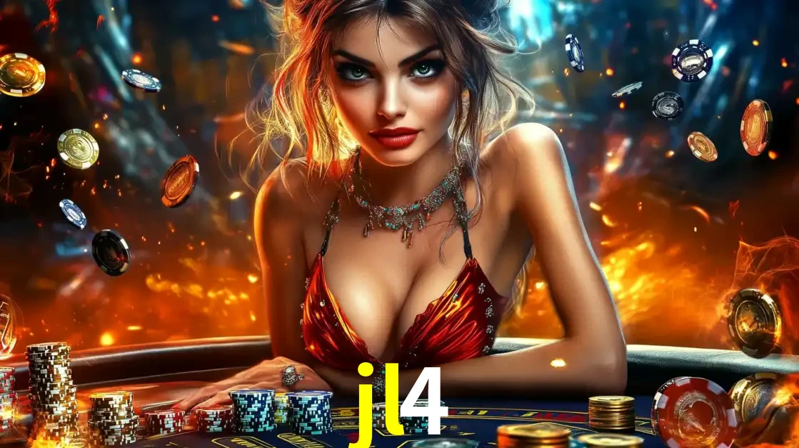 Mulher em uma mesa de cassino com pilhas de fichas e um fundo de fogo, pronta para uma rodada de altas apostas nos jogos de mesa emocionantes do cassino jl4.